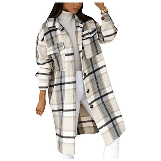 YMING donna giacca da boscaiolo scozzese lunga camicetta a maniche lunghe camicetta scozzese cappotti caffè xs