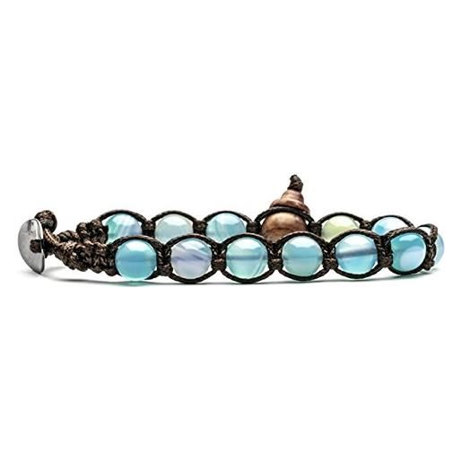 Tamashii Braccile Lungo Unisex In Agata Azzurra Oceano – Gioiello Tibetano Benedetto Con Cordoncino Marrone (6 Mm)