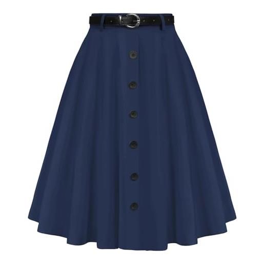 Belle Poque gonna da donna vintage a vita alta, svasata, a trapezio, con tasche e cintura, gonna a pieghe retrò casual, blu navy, l