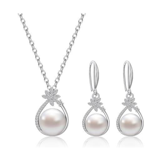 Orecchini Mare Set Gioielli In Perla Di Conchiglia Bianca - Orecchini, Bracciale E Collana, Mare Del Sud, 8-12 Mm Gioielli In Argento Placcato