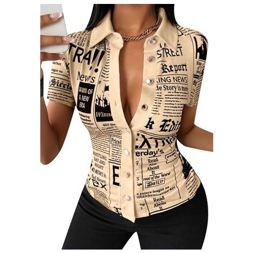 YMING donne sexy preppy business singolo petto blusa vacanza oversize bottone giù tops khaki m