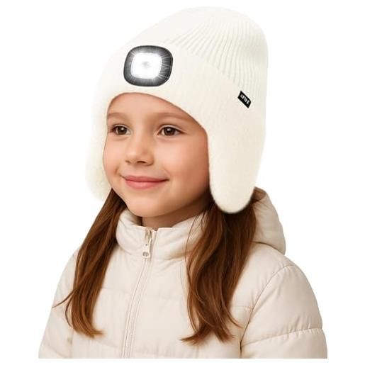 ATNKE bambini led illuminato berretto cappello con paraorecchie, usb ricaricabile 4 led corsa cappello lampada invernale calda pile foderato beanie regali per ragazzi e ragazze/snow beige