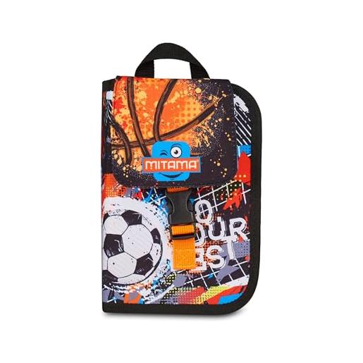 Mitama astuccio scuola 4 zip, nero, portapenne triplo scomparto completo di penne, matite, colori, accessori zaino, scuola elementare, bambino