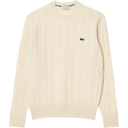 Lacoste maglione Lacoste girocollo a trecce in lana cardata bianco