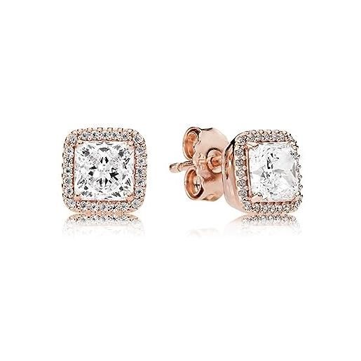 PANDORA timeless orecchini a bottone quadrati con cerchio brillante placcati in oro rosa 14 k con zirconi cubici trasparenti, borchie quadrate scintillanti