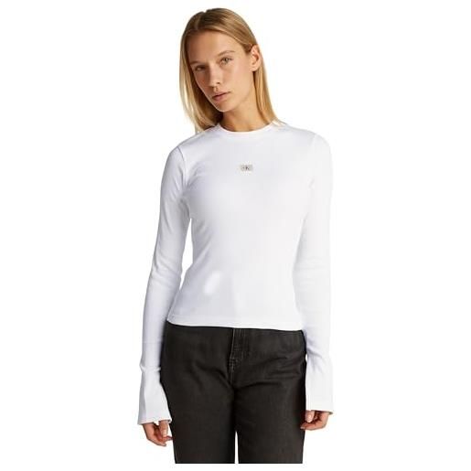 Calvin Klein donna maglietta maniche lunghe woven label rib top slim fit, bianco (bright white), s