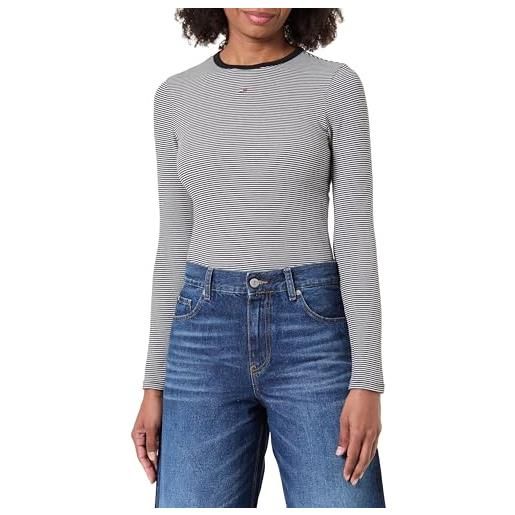 Tommy Jeans tjw slim essential rib ls dw0dw17387 l/s t-shirt, nero (nero/ecru stripe), l, nero (nero/ecru stripe), l