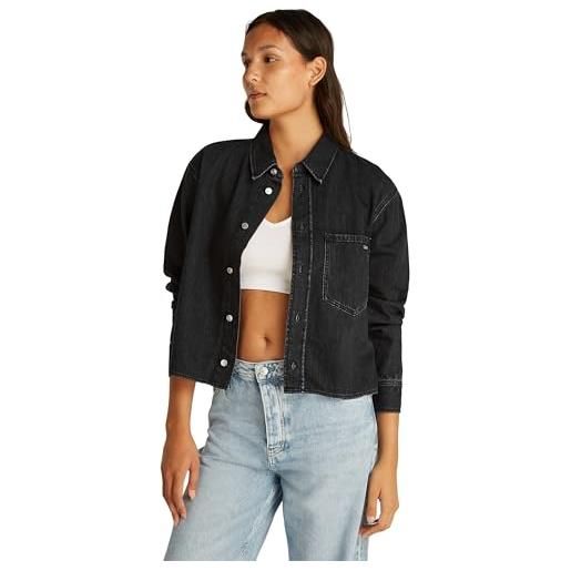 Calvin Klein donna camicia in jeans cropped dad denim shirt con taschino sul petto, nero (denim black), m