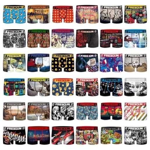 FREEGUN confezione da 12 boxer da bambino, con supporto anti-scivolo, modello casuale, senza deformazione, morbido e resistente, nero , 10-12 anni