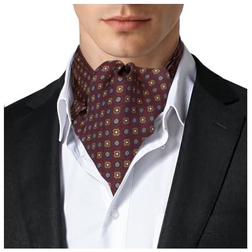Remo Sartori - ascot doppia pala in seta fantasia micro pied de poule, made in italy, uomo (bordeaux)