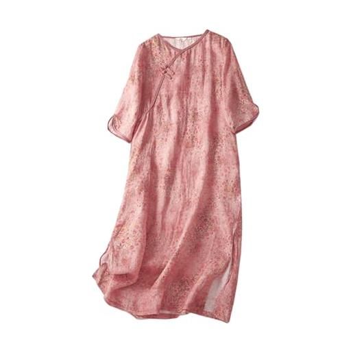 PRINCESS BRIDE abito cheongsam estivo con maniche a 3/4 con stampa in lino, abito vintage slim fit con spacco laterale a01, rosa, l