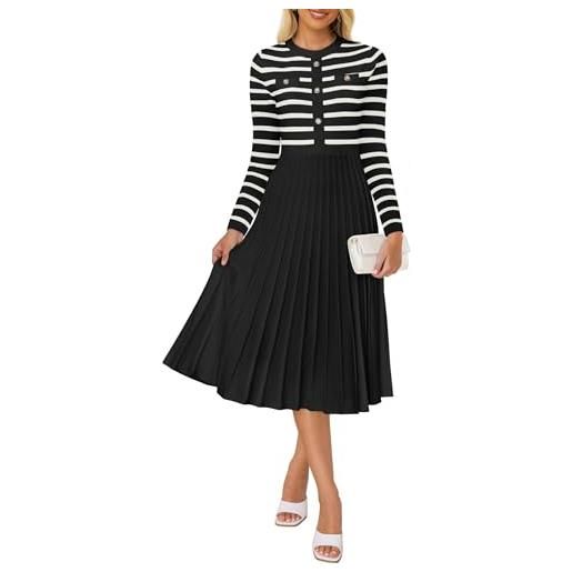 ZESICA abito longuette da donna a maniche lunghe a righe, girocollo, con bottoni, a costine, plissettato, linea svasata, nero, m