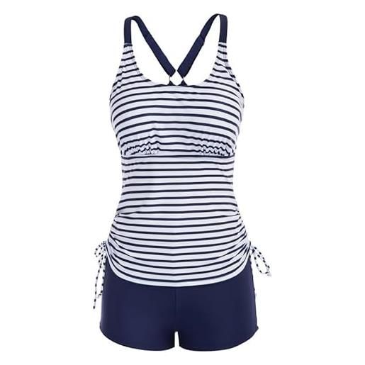 JASAMBAC costume tankini da bagno donna costumi da bagno con coulisse in due pezzi stampa floreale costumi da bagno con pantaloncini, stampa a righe blu navy, m