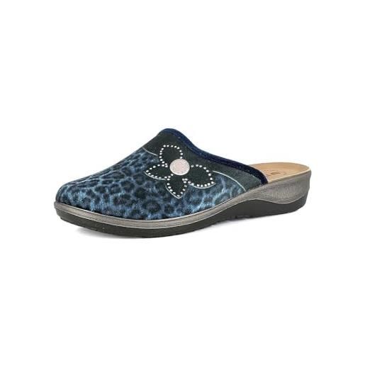 inblu pantofole donna animalier con fiore e strass, plantare imbottito in ecopelle, tacco 3,5 cm, suola poliuretanica leggera, blu, 40 eu
