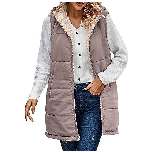 FJKVAVF gilet reversibile da donna 2023 autunno giacca senza maniche con zip con cappuccio tasche lungo caldo cappotto invernale capispalla giacca senza maniche da donna in pile gillet gilet giacche