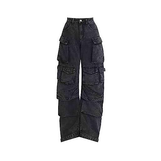 BXCNCKD pantaloni cargo larghi da donna y2k abbigliamento multi-tasca jeans vestibilità rilassata vestiti grunge alt hip hop, nero, m