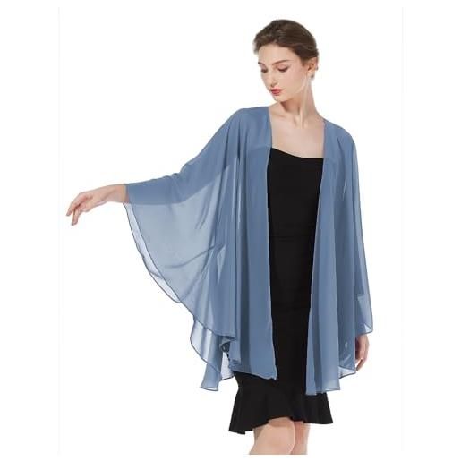 BEAUTELICATE coprispalle chiffon donna elegante scialle cardigan kimono lungo con giromanica trasparente cover up estivo mantelle per abiti sposa damigella matrimonio festival (blu ardesia)