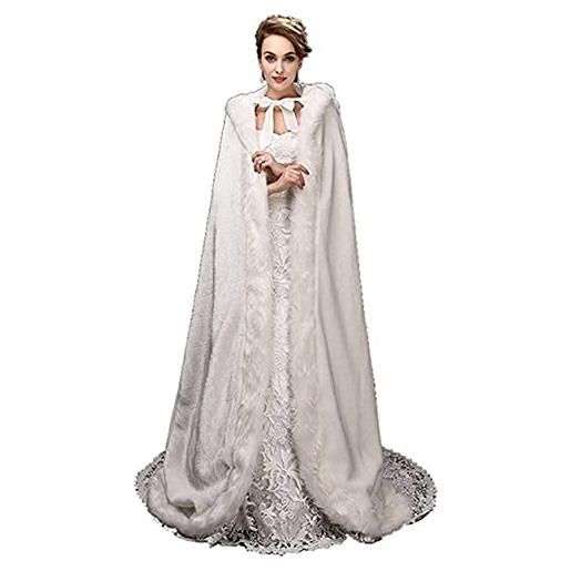 MAYILNSIN mantello da sposa bianco con cappuccio in pelliccia sintetica mantello da sposa invernale da donna poncho lungo bianco con bordo in pelliccia, bianco, xxl