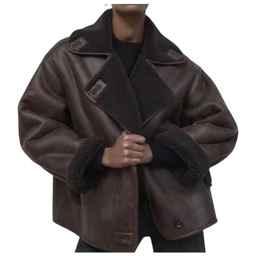 loveimgs giacca da donna spessa foderata in finta pelle scamosciata, cappotto oversize in pile di montone, giacca da motociclista invernale, marrone, x-small