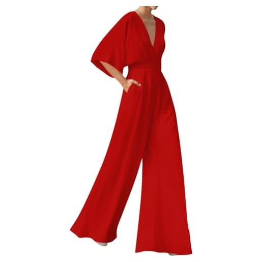 shownicer tuta lunga da donna jumpsuit elegante maniche corte scollo a v monopezzi e tutine gamba larga pantaloni tinta unita playsuit a rosso m