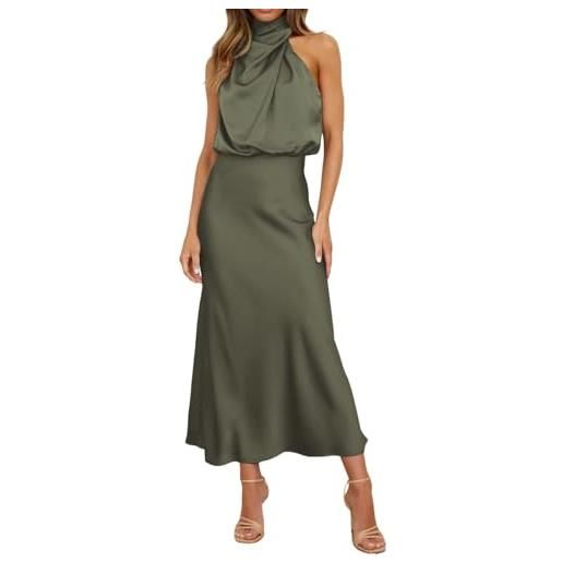 Generisch abito floreale lungo abito in raso formale con collo alto, senza maniche, spacco laterale, maxi tanksuit cinese da donna, verde militare, l