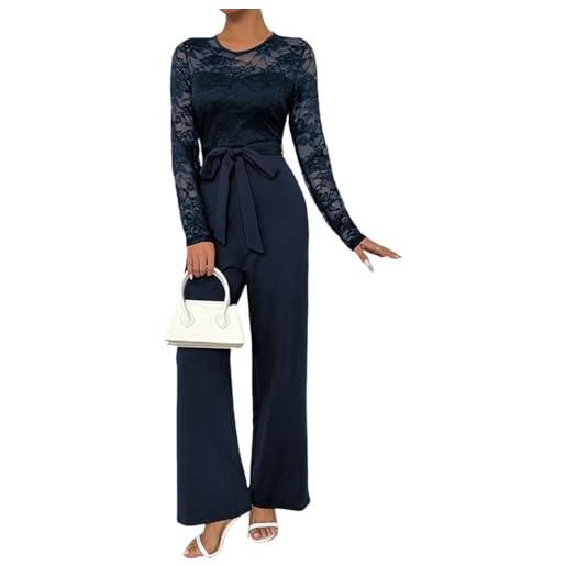 shownicer tuta donna elegante maniche lunghe pizzo pantaloni lungo jumpsuit elegante tinta unita casual cerimonia playsuit romper a nero xl