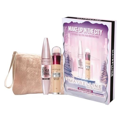 Maybelline new york confezione regalo con pochette, con correttore e mascara, collezione di natale make up in the city 2025, mascara ciglia sensazionali black, cancella età 02 nude