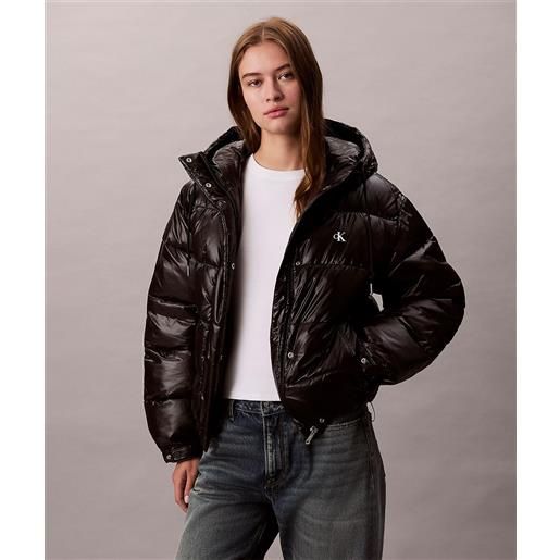 Calvin klein jeans piumino con cappuccio e finitura lucida nero donna