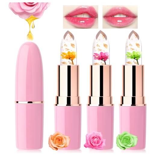 Likesing 3 pezzi rossetto ph cambia colore magico lunga durata, balsamo labbra jelly fiore, idratante lucidalabbra set gloss trucchi donna ragazza compleanno regalo kit