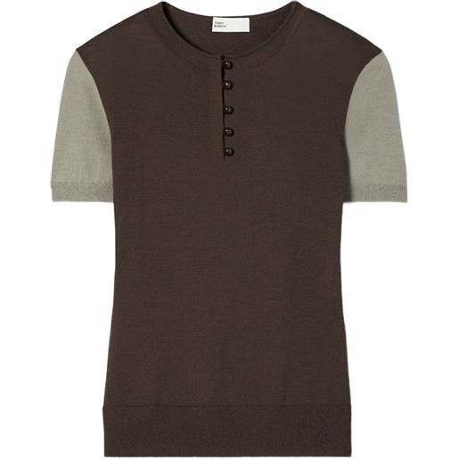 Tory Burch t-shirt henley in lana con bottoni - marrone