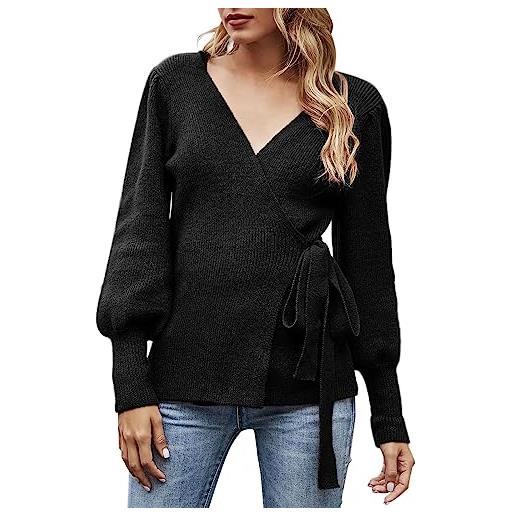 Generico maglione da donna autunno inverno avvolgente con scollo a v maniche a palloncino pullover lavorato a maglia a costine cravatta sul davanti maglione superiore maglioncino corto bianco (black, m)
