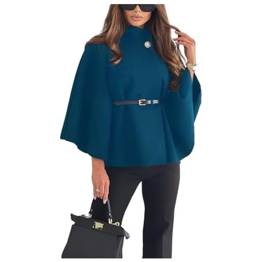 Generic poncho da donna con maniche a pipistrello, mantello con cintura di lana, cappotto corto invernale, mantello con colletto alla coreana, azzurro, l