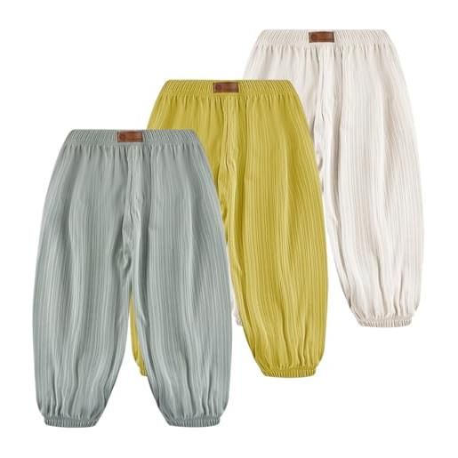 Rainjia pantaloni lunghi bambino 3 pezzi - seta ghiaccio ultra leggera per estate, vita elastica pantaloni lanterna unisex colori uniti (6 mesi-9 anni)