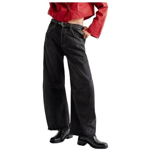 Beokeuioe balloon horseshoe jeans barrel jeans da donna baggy jeans a gamba larga, vita media, cropped raw hem boyfriend, jeans da donna, casual, streetwear, nero , l