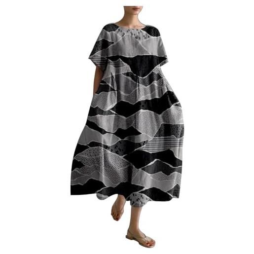 Generic abito in lino da donna, estivo, casual, con stampa, per il tempo libero, maxi abito da spiaggia, largo, arioso, linea ad a, taglie forti, maglietta in lino, blu scuro 1, xxxxxl