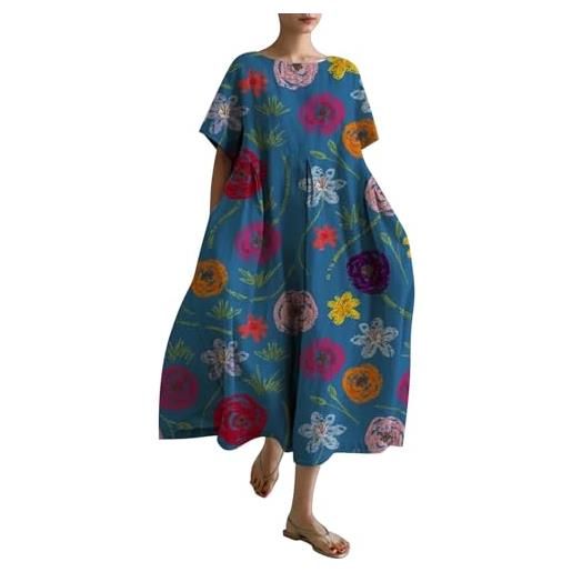 Generic abito in lino da donna, estivo, casual, con stampa, per il tempo libero, maxi abito da spiaggia, largo, arioso, linea ad a, taglie forti, maglietta in lino, nero4, xxxxxl