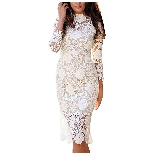 DAIHAN donna elegante pizzo floreale di nozze elasticizzato a maniche lunghe cocktail party lunghezza al ginocchio abito avvolgente a tubino aderente da lavoro bianco m