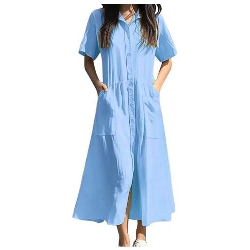 FNKDOR abito estivo da donna, leggero e traspirante, maxi abito in lino con maniche corte, abbottonatura, per il tempo libero, con tasche, blu, 5xl