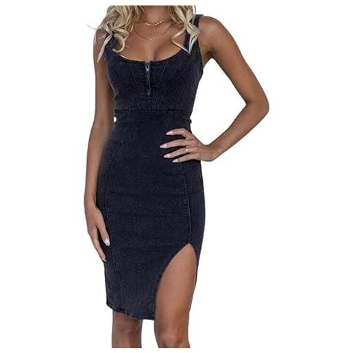 Placitiume abito da donna senza maniche in denim con spacco laterale aderente midi jean dress 2024, blu, m