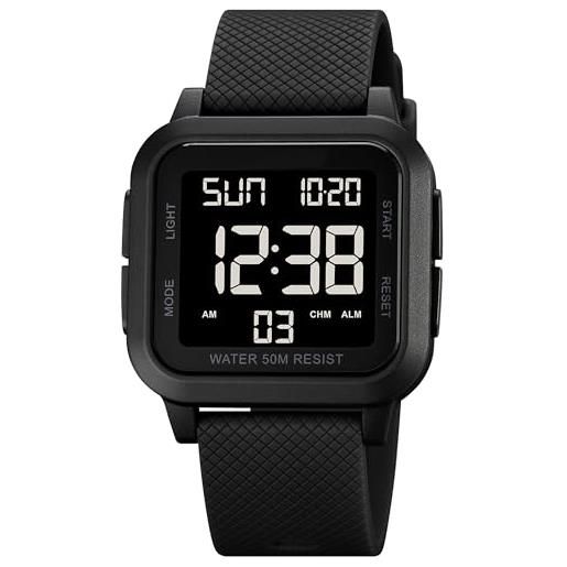 Findtime Orologio Digitale Uomo – Quadrato, Militare, Numeri Grandi, Cronometro, Doppio Fuso, 5 ATM Impermeabile
