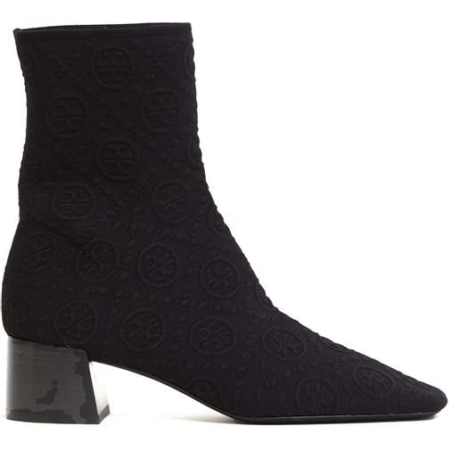 TORY BURCH stivaletto tessuto stretch logato nero tacco 50 mm