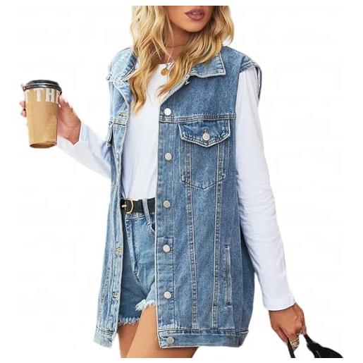 AUKLETBLIEF donne sciolte casual classic denim giacca senza maniche bottoni denim gilet, blu, xxxl