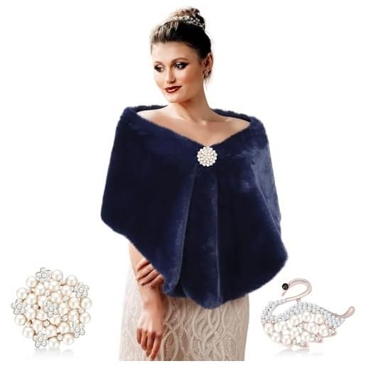 Jadive scialle in pelliccia sintetica donna coprispalle sciarpe stole in pelliccia finta da sposa con 2 spille (blu navy, classico)