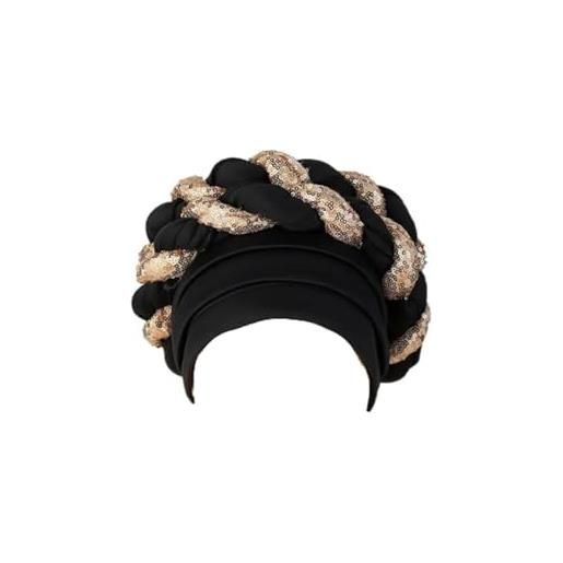 Generic cappello turbante africano avvolge paillettes treccia turbante cappello per le donne copricapo africano, nero , taglia unica