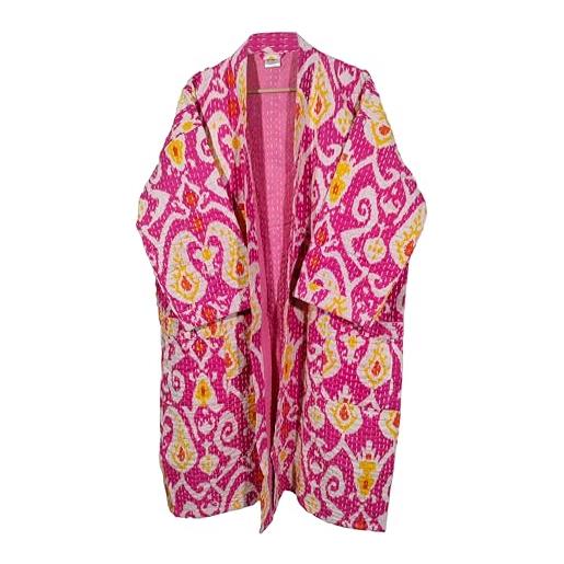Pranipat Handicrafts giacca kantha in cotone etnico con stampa ikat hippie leggera aperta sul davanti, rosa, taglia unica
