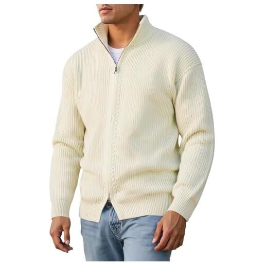 Dasongff cardigan uomo autunno inverno gilet zip slim fit casual giacca a maglia collo dritto manica lunga con 2 tasche, bianco, m