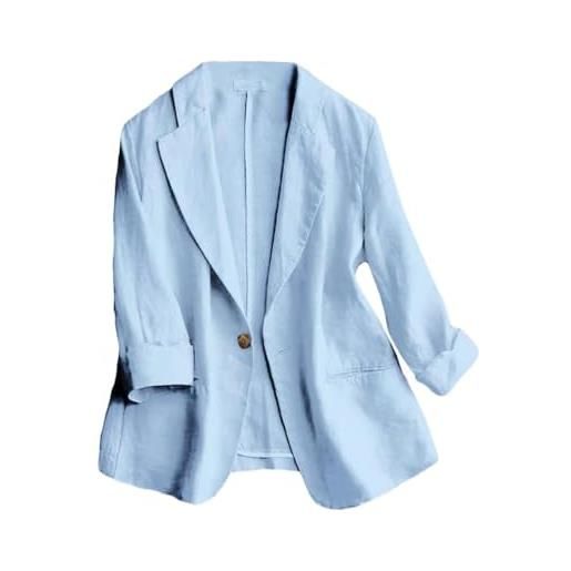 Mywinway giacca da donna casual con maniche a 3/4, leggera, estiva, primaverile, in cotone e lino, azzurro chiaro, medium