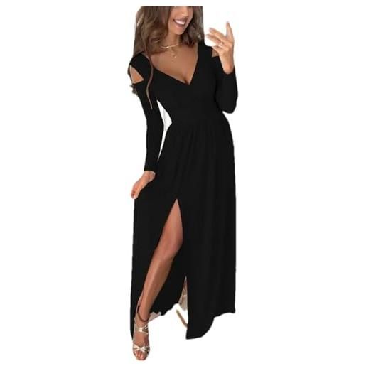 Generic abito da donna con scollo a v profondo a vita alta, casual, a maniche lunghe, con orlo diviso, nero , xl