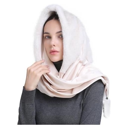 YEKEYI cappello invernale da donna in finta pelliccia, sciarpa con cappuccio, passamontagna invernale, scialle di seta, beige, taglia unica