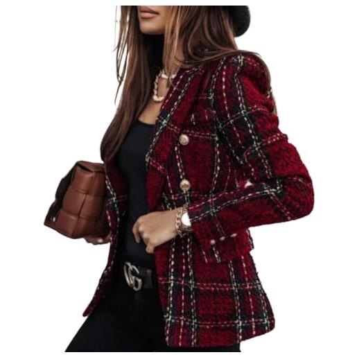 Goolecrimp blazer da donna in tweed primaverile giacca a maniche lunghe vestibilità aderente elegante formale in tweed a quadri doppiopetto da lavoro (bordeaux, xl)